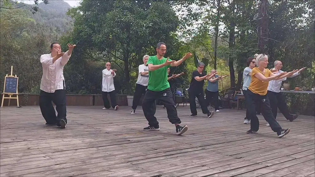 Pratiquants de Qi Gong de Wudang en mouvement, bras tendus, sur une terrasse en bois dans les montagnes
